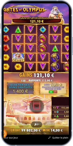 Gain de 121,10 € avec multiplicateur 13x sur Gates of Olympus